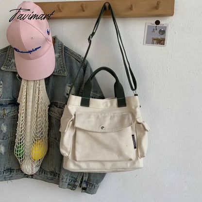 Women Cotton Canvas Messenger Bags Tote Magnetic Buckle Shopping Bag Travel Handbag With Adjustable Shoulder Strap