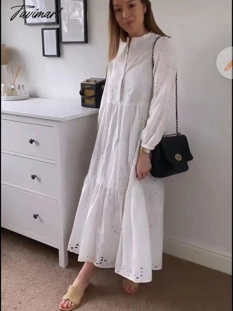 Women Cutout Dress Summer White Embroidered Elegant Party Dress Casual Vintage Chic Long Sleeve Ladies Loose Long Dress
