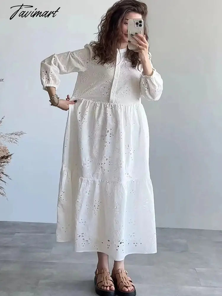 Women Cutout Dress Summer White Embroidered Elegant Party Dress Casual Vintage Chic Long Sleeve Ladies Loose Long Dress