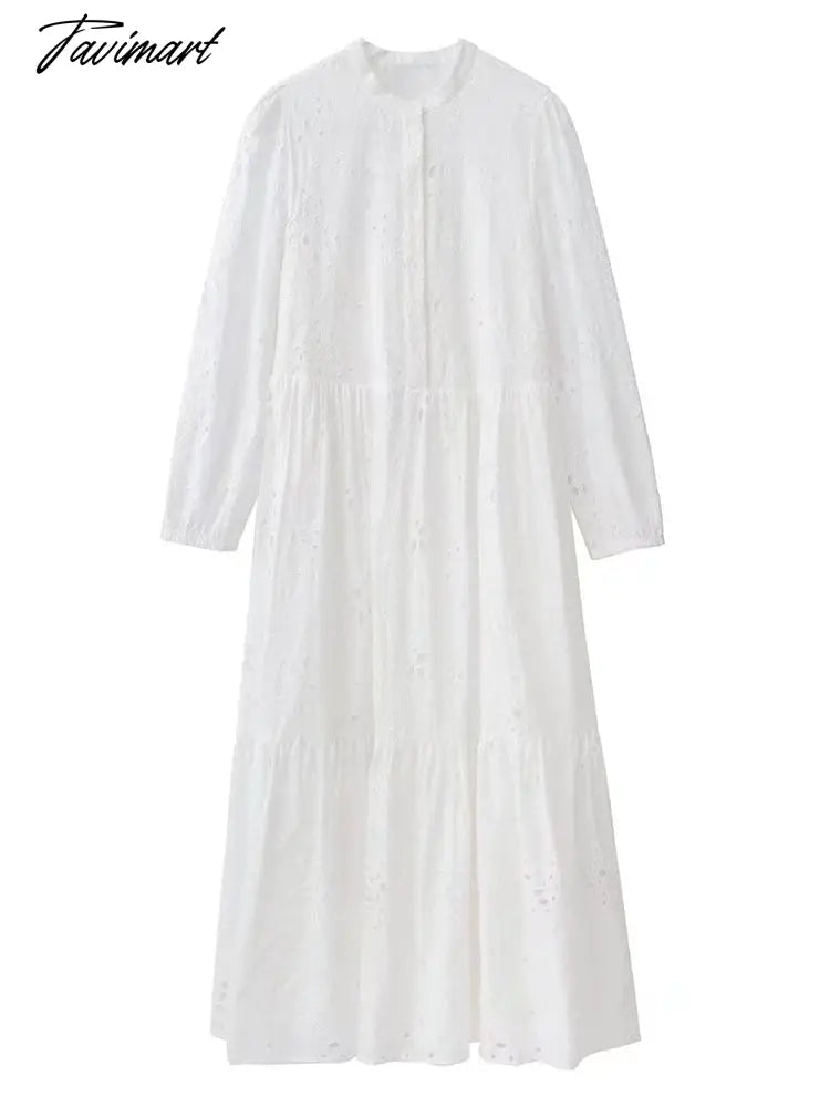 Women Cutout Dress Summer White Embroidered Elegant Party Dress Casual Vintage Chic Long Sleeve Ladies Loose Long Dress