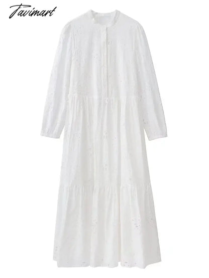 Women Cutout Dress Summer White Embroidered Elegant Party Dress Casual Vintage Chic Long Sleeve Ladies Loose Long Dress
