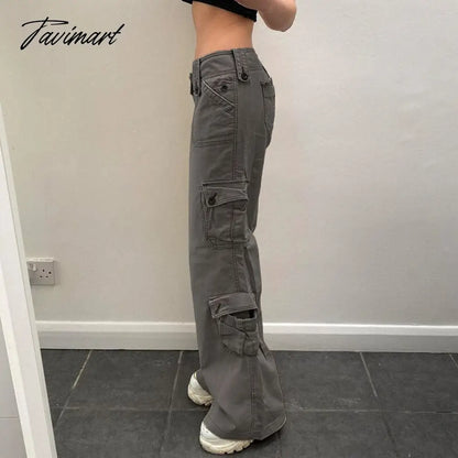 Women Denim Cargo Pants Autumn Vintage Harajuku Casual Long Pants Y2K Trousers Solid Packets Straight Sweatpants