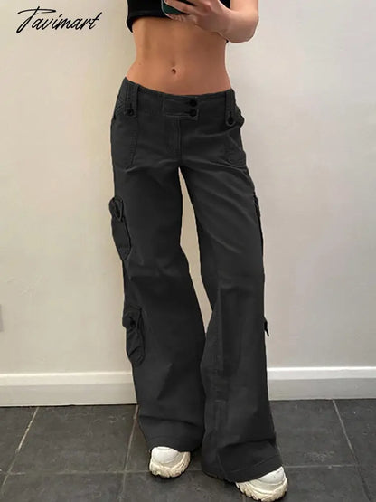 Women Denim Cargo Pants Autumn Vintage Harajuku Casual Long Pants Y2K Trousers Solid Packets Straight Sweatpants