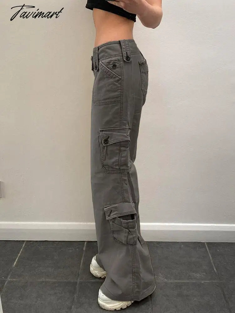 Women Denim Cargo Pants Autumn Vintage Harajuku Casual Long Pants Y2K Trousers Solid Packets Straight Sweatpants