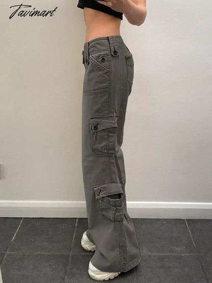 Women Denim Cargo Pants Autumn Vintage Harajuku Casual Long Pants Y2K Trousers Solid Packets Straight Sweatpants