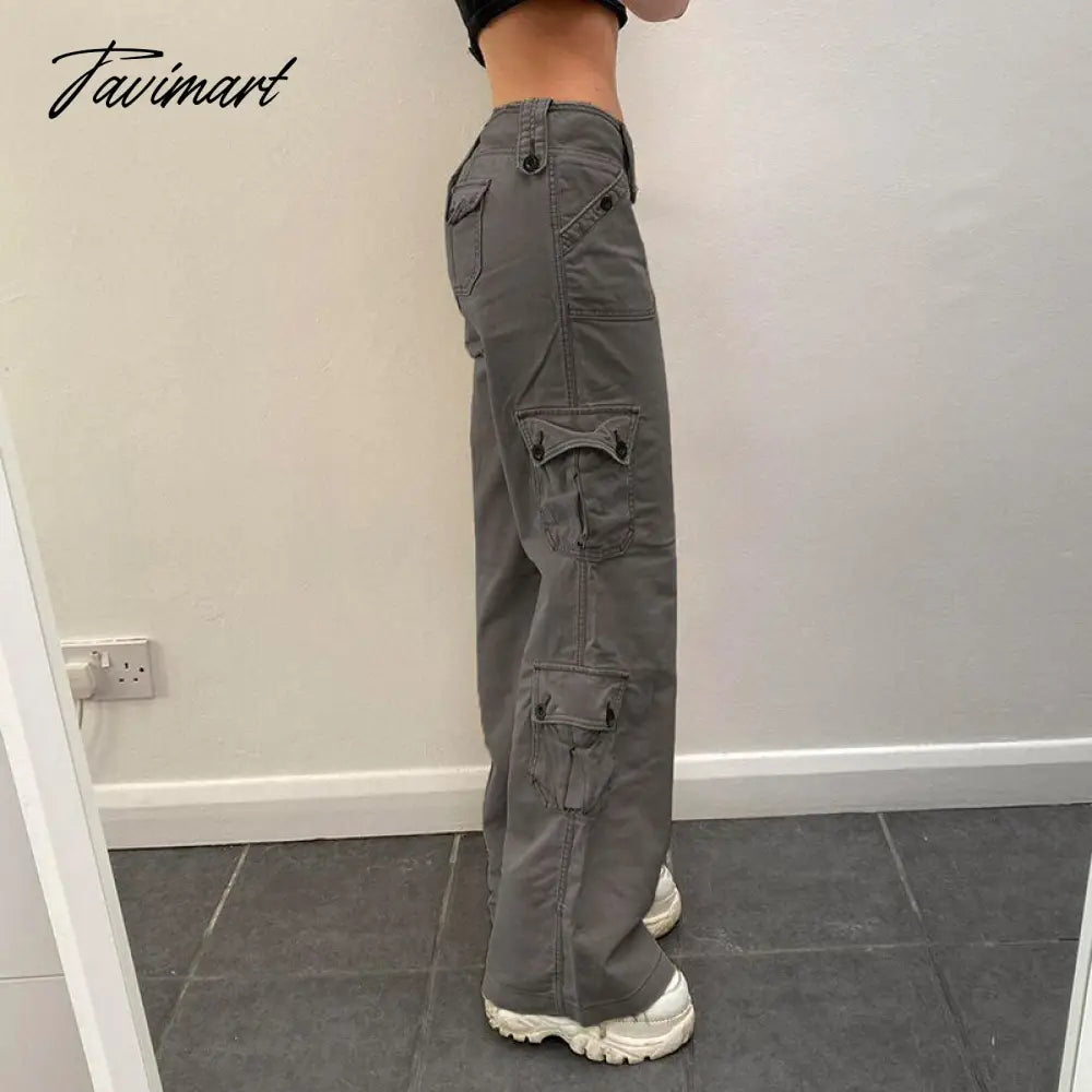 Women Denim Cargo Pants Autumn Vintage Harajuku Casual Long Pants Y2K Trousers Solid Packets Straight Sweatpants