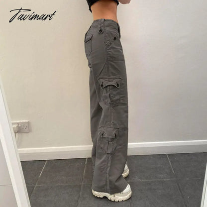 Women Denim Cargo Pants Autumn Vintage Harajuku Casual Long Pants Y2K Trousers Solid Packets Straight Sweatpants