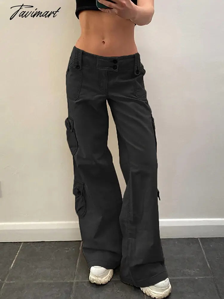 Women Denim Cargo Pants Autumn Vintage Harajuku Casual Long Pants Y2K Trousers Solid Packets Straight Sweatpants