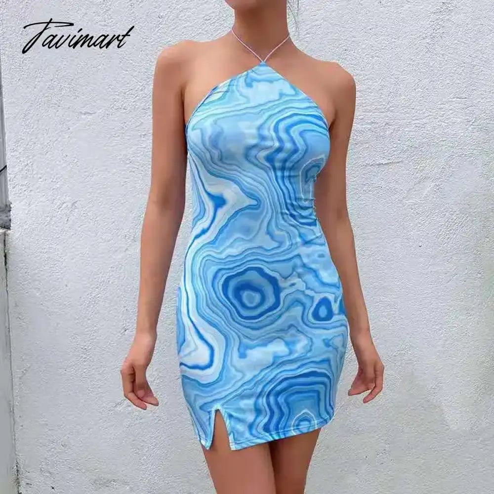 Women Dress V Neck Print Sexy Backless Bodycon Party Sleeveless Summer Halter Mini Dresses Women Fashion Streetwear Elegant