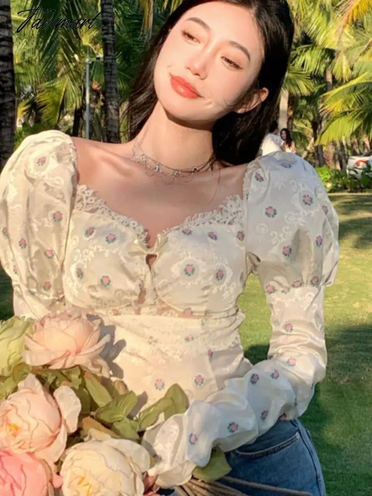 Women Elegant Bodycon Chic Mini Tops Beach Sexy Party Floral Blouse Female Lace Korean Boho Holiday Chiffon Blouse Summer