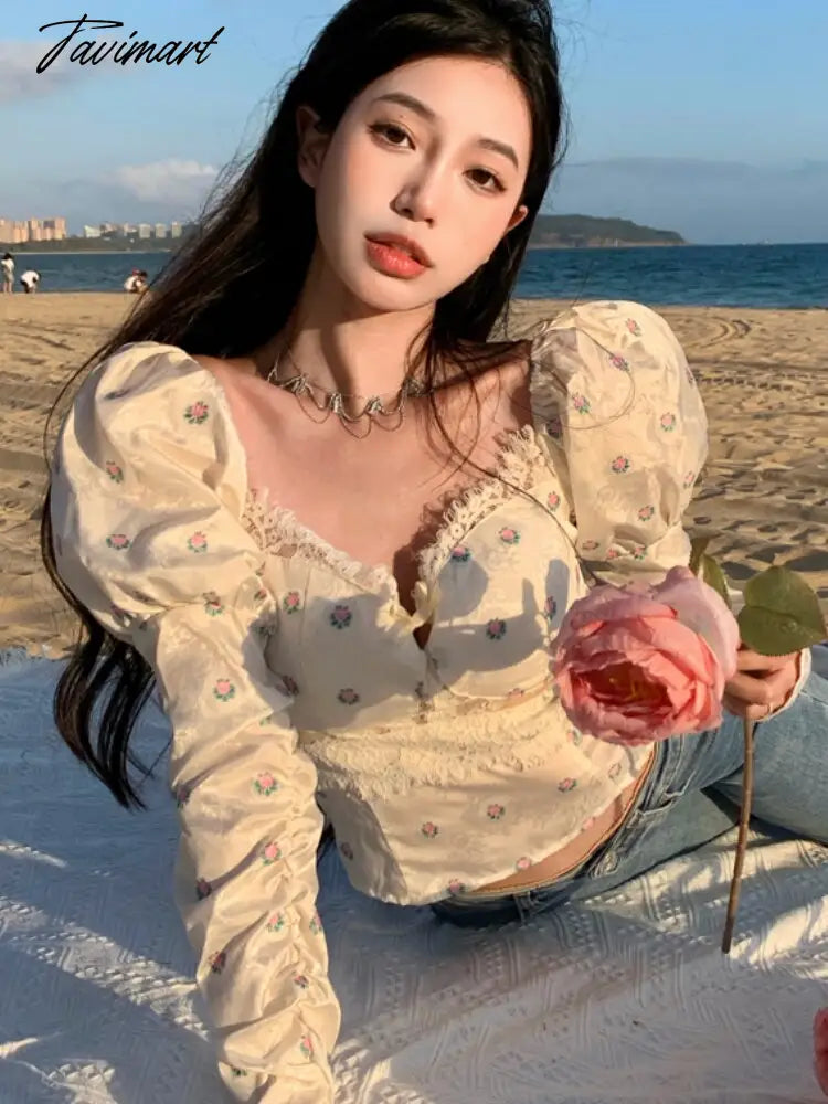 Women Elegant Bodycon Chic Mini Tops Beach Sexy Party Floral Blouse Female Lace Korean Boho Holiday Chiffon Blouse Summer