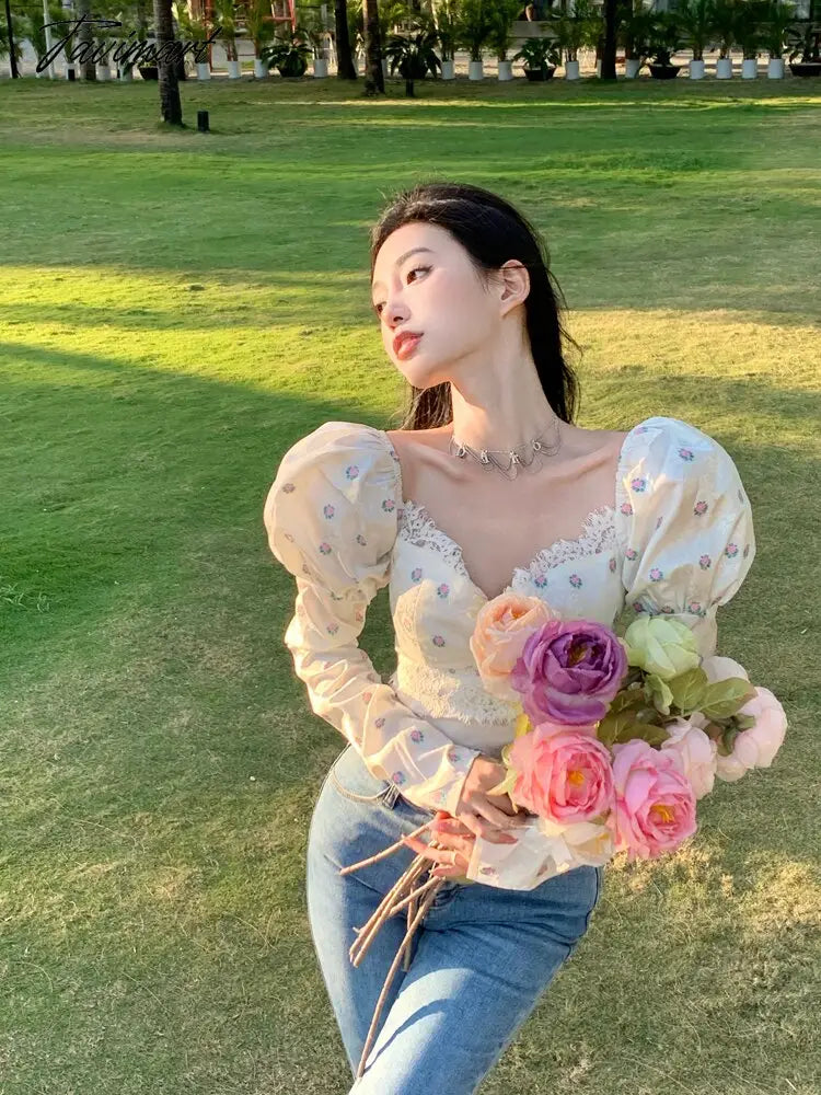Women Elegant Bodycon Chic Mini Tops Beach Sexy Party Floral Blouse Female Lace Korean Boho Holiday Chiffon Blouse Summer