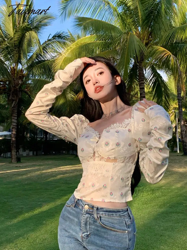 Women Elegant Bodycon Chic Mini Tops Beach Sexy Party Floral Blouse Female Lace Korean Boho Holiday Chiffon Blouse Summer