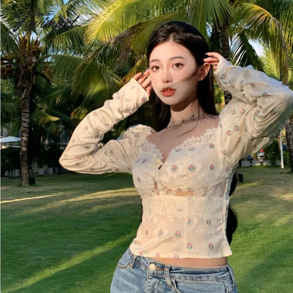 Women Elegant Bodycon Chic Mini Tops Beach Sexy Party Floral Blouse Female Lace Korean Boho Holiday Chiffon Blouse Summer