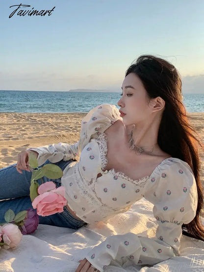 Women Elegant Bodycon Chic Mini Tops Beach Sexy Party Floral Blouse Female Lace Korean Boho Holiday Chiffon Blouse Summer