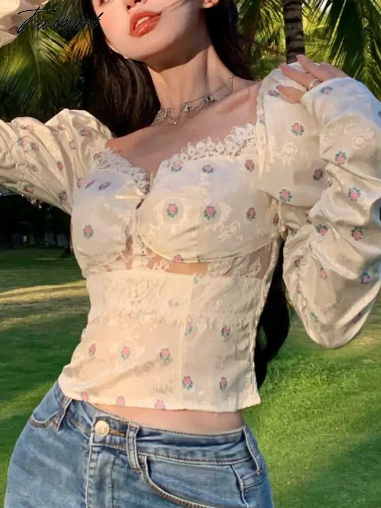 Women Elegant Bodycon Chic Mini Tops Beach Sexy Party Floral Blouse Female Lace Korean Boho Holiday Chiffon Blouse Summer