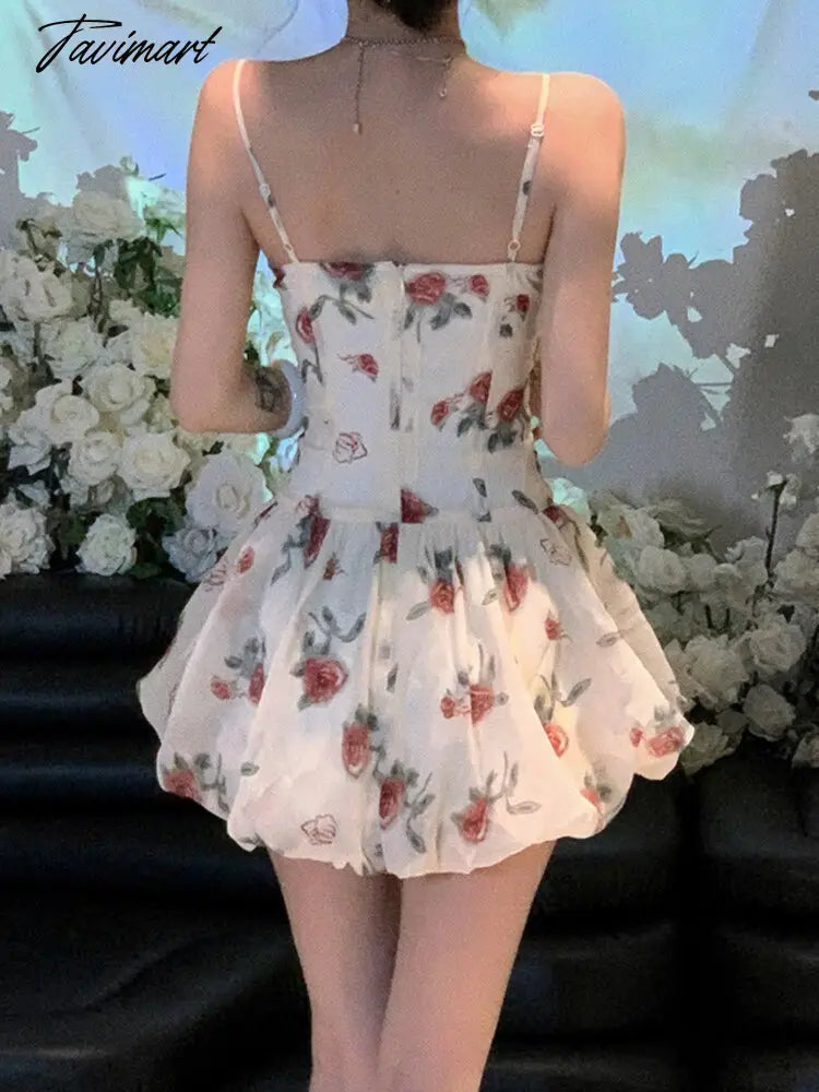 Women Elegant Floral Print Y2k Mini Dress Summer Sweet Puff Slevee Slim Cute Party Dress Female Holiday Beach Dress