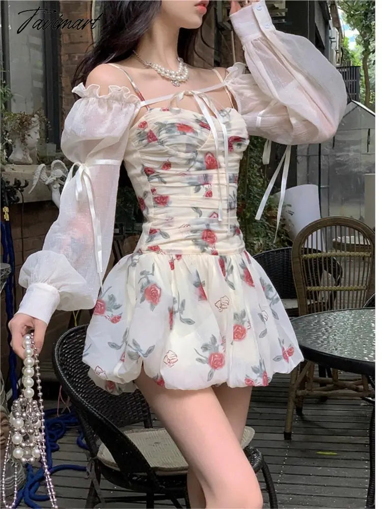Women Elegant Floral Print Y2k Mini Dress Summer Sweet Puff Slevee Slim Cute Party Dress Female Holiday Beach Dress