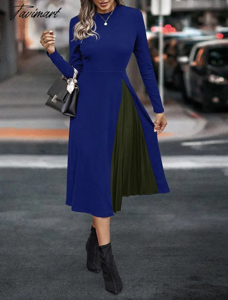 Women Elegant Patchwork Pleated Party Dress Casual A-line High Waist Long Sleeve Midi Dress Fashion Vintage Women Dress