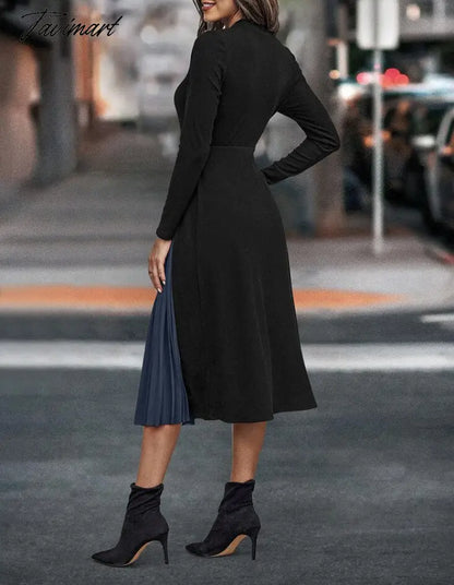 Women Elegant Patchwork Pleated Party Dress Casual A-line High Waist Long Sleeve Midi Dress Fashion Vintage Women Dress