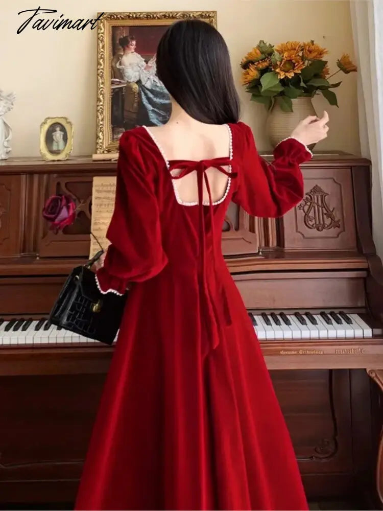 Women Elegant Red Christmes Long Sleeve Party Dress Square Collar A-ling Ruffle Birthday Paty Long Dress Fashion Velvet Dress
