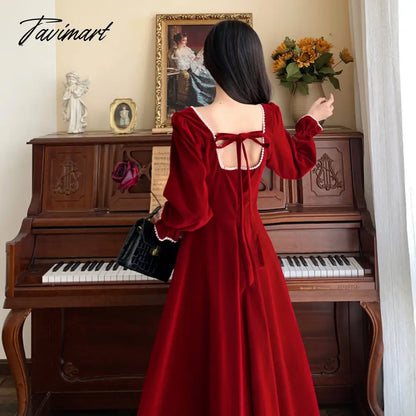 Women Elegant Red Christmes Long Sleeve Party Dress Square Collar A-ling Ruffle Birthday Paty Long Dress Fashion Velvet Dress