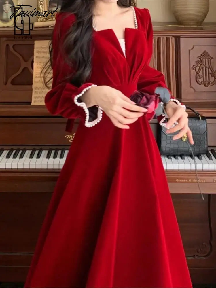 Women Elegant Red Christmes Long Sleeve Party Dress Square Collar A-ling Ruffle Birthday Paty Long Dress Fashion Velvet Dress