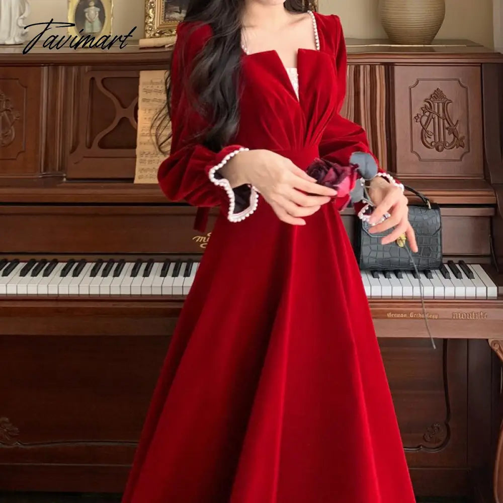 Women Elegant Red Christmes Long Sleeve Party Dress Square Collar A-ling Ruffle Birthday Paty Long Dress Fashion Velvet Dress