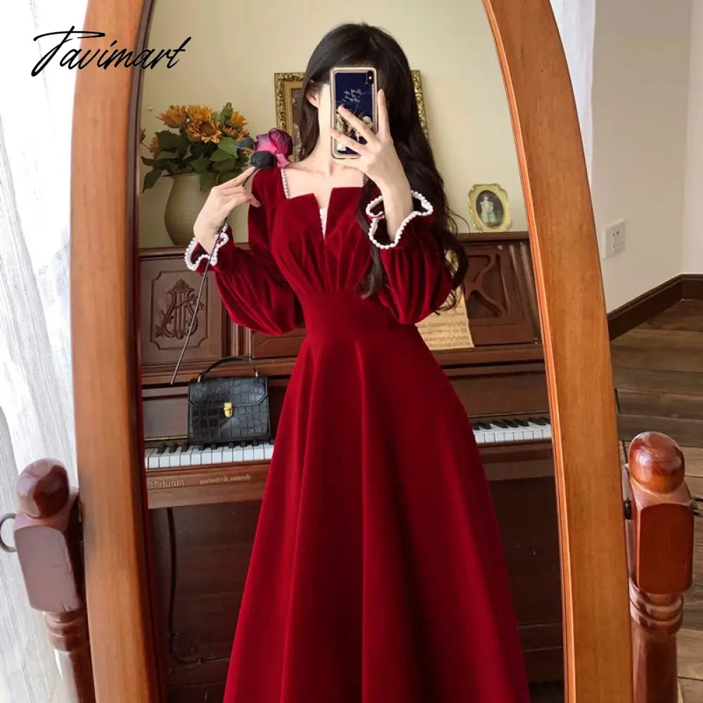 Women Elegant Red Christmes Long Sleeve Party Dress Square Collar A-ling Ruffle Birthday Paty Long Dress Fashion Velvet Dress
