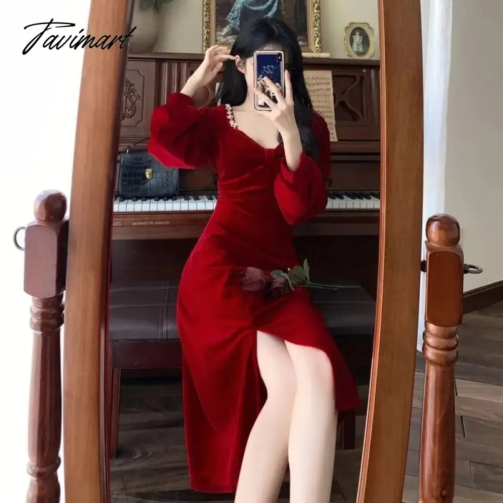 Women Elegant Red Christmes Long Sleeve Party Dress Square Collar A-ling Ruffle Birthday Paty Long Dress Fashion Velvet Dress