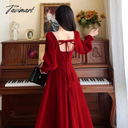 Women Elegant Red Christmes Long Sleeve Party Dress Square Collar A-ling Ruffle Birthday Paty Long Dress Fashion Velvet Dress