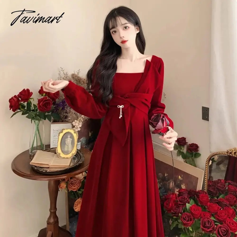 Women Elegant Red Christmes Long Sleeve Party Dress Square Collar A-ling Ruffle Birthday Paty Long Dress Fashion Velvet Dress