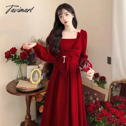 Women Elegant Red Christmes Long Sleeve Party Dress Square Collar A-ling Ruffle Birthday Paty Long Dress Fashion Velvet Dress