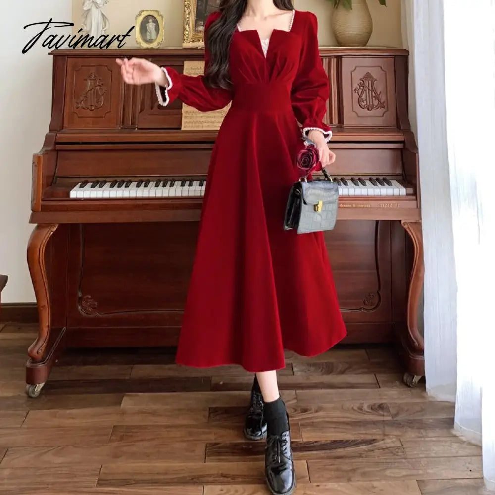 Women Elegant Red Christmes Long Sleeve Party Dress Square Collar A-ling Ruffle Birthday Paty Long Dress Fashion Velvet Dress