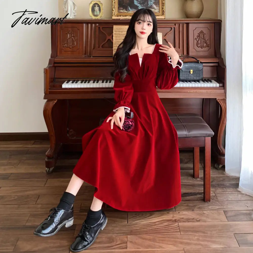 Women Elegant Red Christmes Long Sleeve Party Dress Square Collar A-ling Ruffle Birthday Paty Long Dress Fashion Velvet Dress