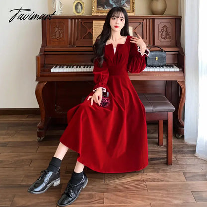 Women Elegant Red Christmes Long Sleeve Party Dress Square Collar A-ling Ruffle Birthday Paty Long Dress Fashion Velvet Dress