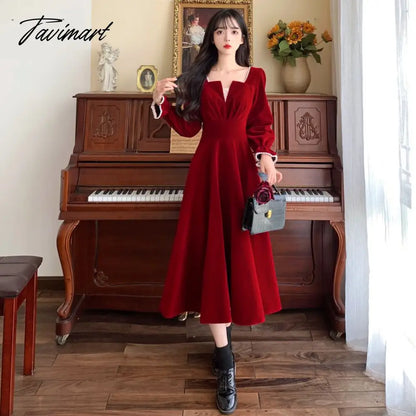 Women Elegant Red Christmes Long Sleeve Party Dress Square Collar A-ling Ruffle Birthday Paty Long Dress Fashion Velvet Dress