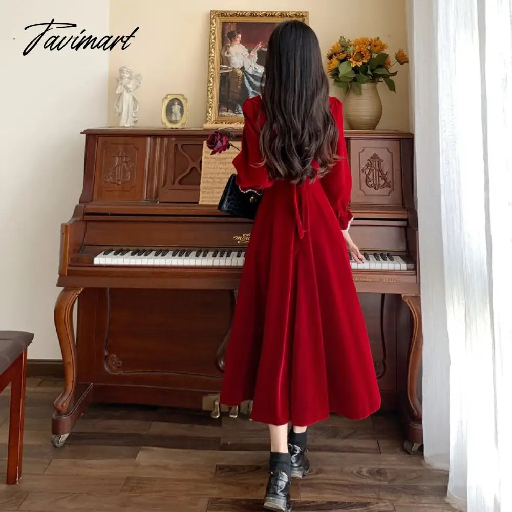 Women Elegant Red Christmes Long Sleeve Party Dress Square Collar A-ling Ruffle Birthday Paty Long Dress Fashion Velvet Dress