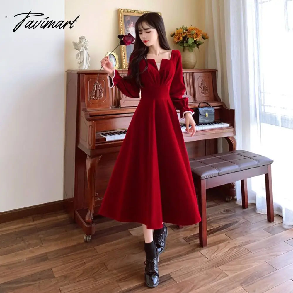 Women Elegant Red Christmes Long Sleeve Party Dress Square Collar A-ling Ruffle Birthday Paty Long Dress Fashion Velvet Dress