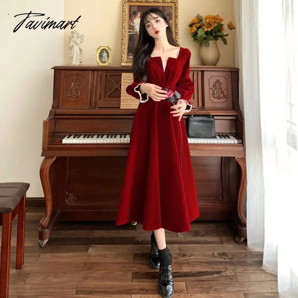 Women Elegant Red Christmes Long Sleeve Party Dress Square Collar A-ling Ruffle Birthday Paty Long Dress Fashion Velvet Dress