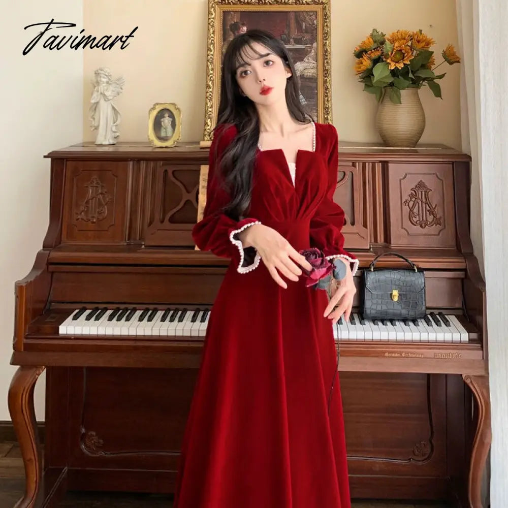 Women Elegant Red Christmes Long Sleeve Party Dress Square Collar A-ling Ruffle Birthday Paty Long Dress Fashion Velvet Dress