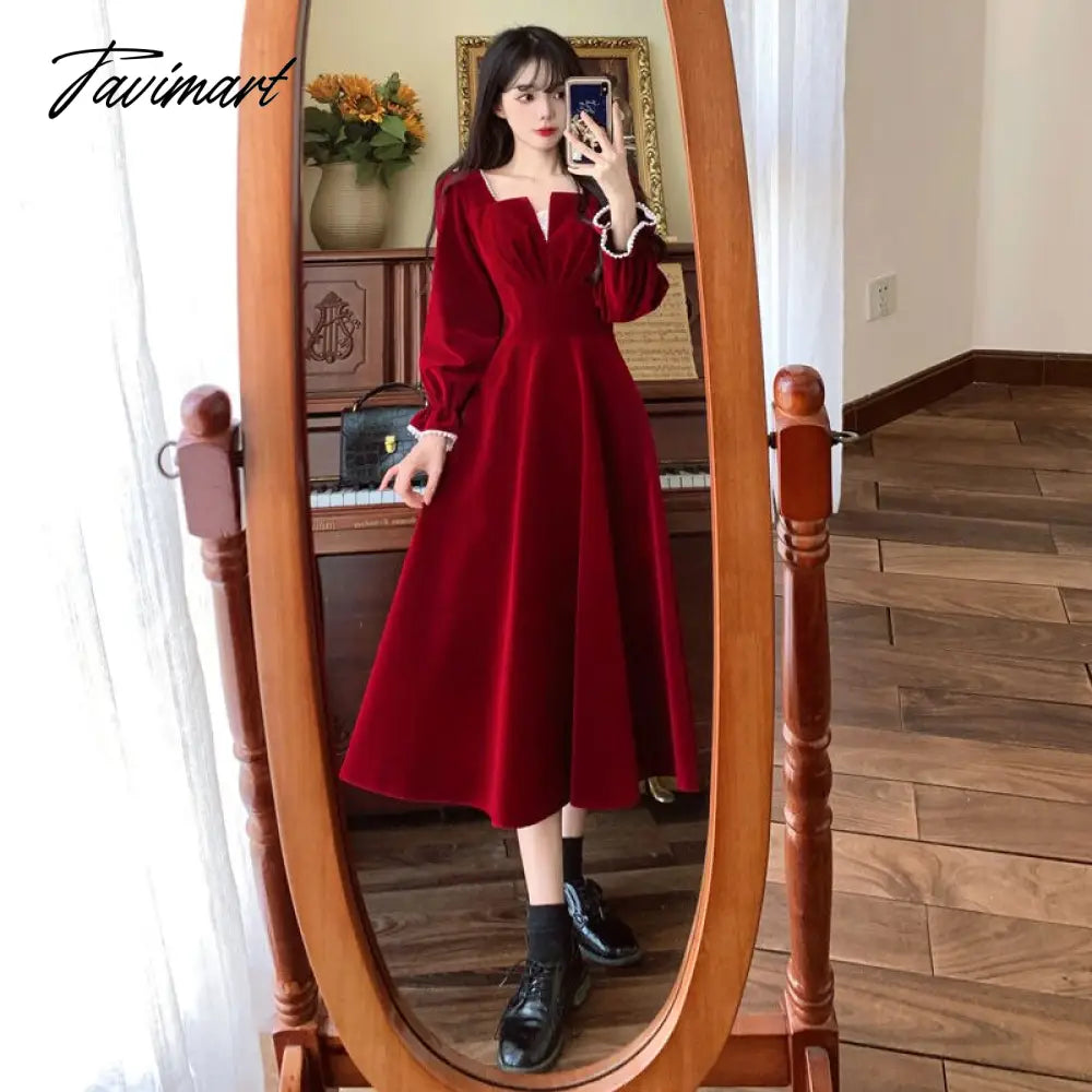 Women Elegant Red Christmes Long Sleeve Party Dress Square Collar A-ling Ruffle Birthday Paty Long Dress Fashion Velvet Dress