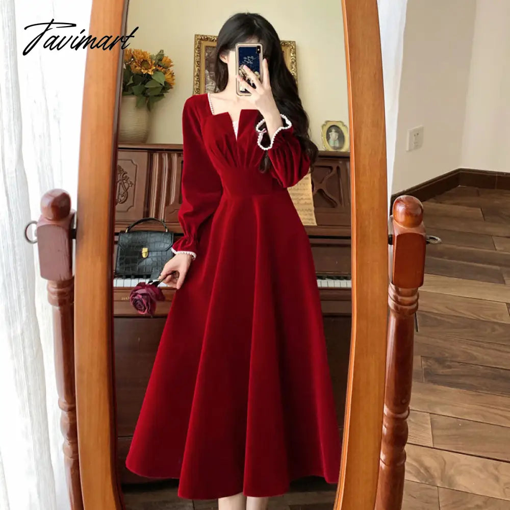 Women Elegant Red Christmes Long Sleeve Party Dress Square Collar A-ling Ruffle Birthday Paty Long Dress Fashion Velvet Dress
