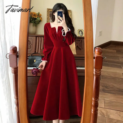 Women Elegant Red Christmes Long Sleeve Party Dress Square Collar A-ling Ruffle Birthday Paty Long Dress Fashion Velvet Dress