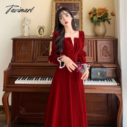 Women Elegant Red Christmes Long Sleeve Party Dress Square Collar A-ling Ruffle Birthday Paty Long Dress Fashion Velvet Dress