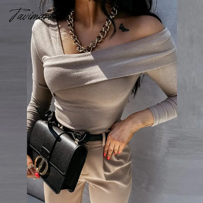Women Elegant Solid Autumn Pullover Blouse Sexy V-neck Off Shoulder Full Sleeve Top Office Lady Slim Fit Streetwear Casual Shirt
