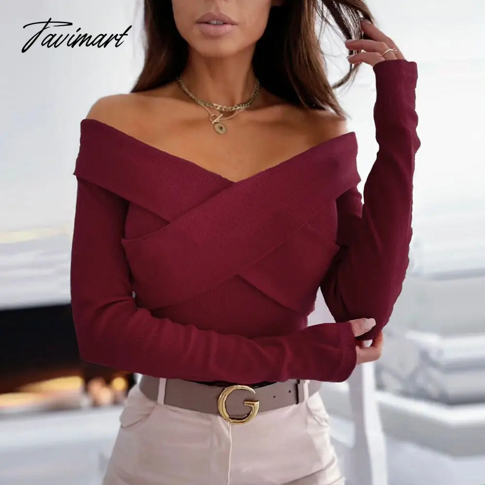 Women Elegant Solid Autumn Pullover Blouse Sexy V-neck Off Shoulder Full Sleeve Top Office Lady Slim Fit Streetwear Casual Shirt