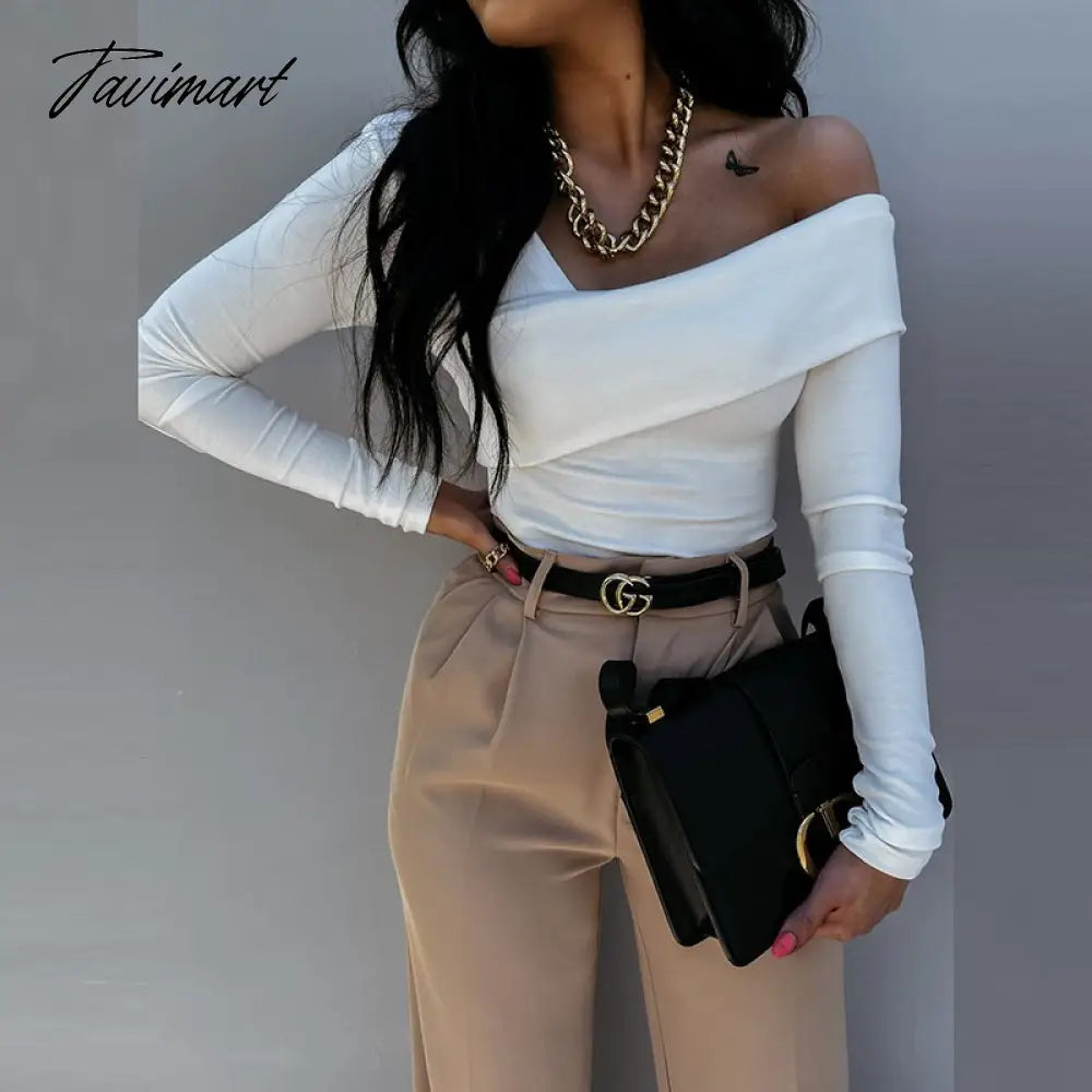 Women Elegant Solid Autumn Pullover Blouse Sexy V-neck Off Shoulder Full Sleeve Top Office Lady Slim Fit Streetwear Casual Shirt