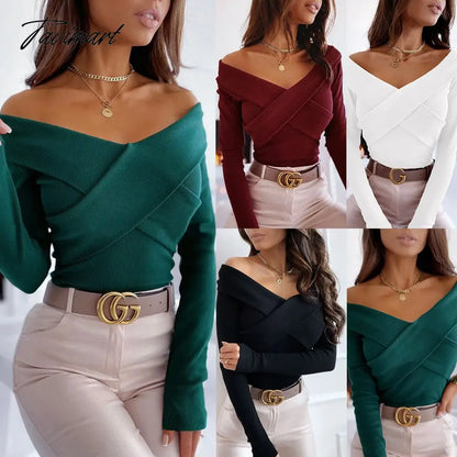 Women Elegant Solid Autumn Pullover Blouse Sexy V-neck Off Shoulder Full Sleeve Top Office Lady Slim Fit Streetwear Casual Shirt