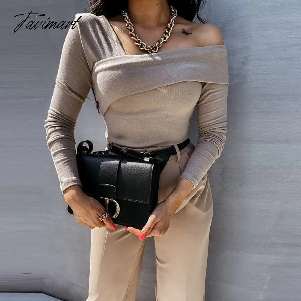 Women Elegant Solid Autumn Pullover Blouse Sexy V-neck Off Shoulder Full Sleeve Top Office Lady Slim Fit Streetwear Casual Shirt